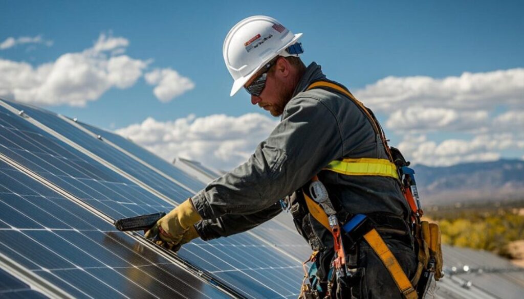 engineer fixing a section of a tracker-based solar array.